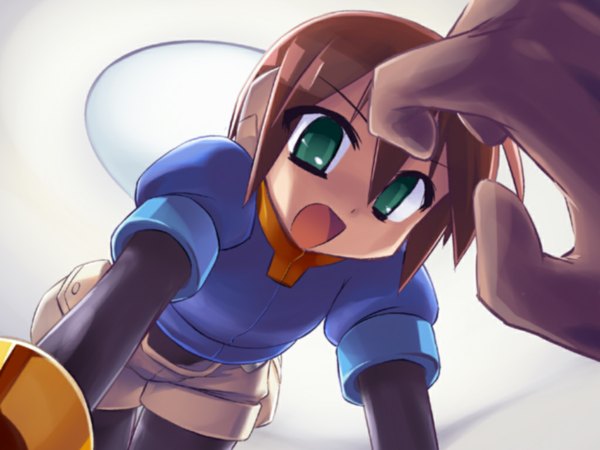 Anime picture 1024x768 with rockman rockman zx aile (rockman) redrantem short hair brown hair green eyes bent over pov girl pantyhose shorts android