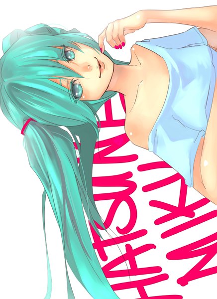Anime picture 2400x3300 with vocaloid hatsune miku aira saunar single tall image looking at viewer blush highres simple background smile white background twintails bare shoulders very long hair nail polish aqua eyes lips aqua hair girl