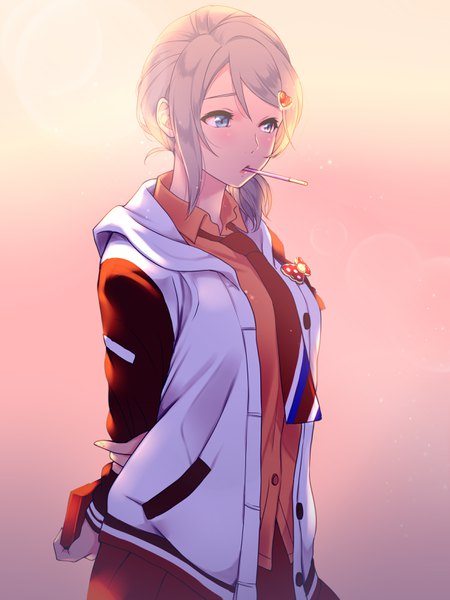 Anime-Bild 2400x3200 mit love live! sunshine!! love live! school idol festival sunrise (studio) love live! watanabe you kate iwana single tall image highres short hair blue eyes looking away grey hair gradient background hands behind back alternate hairstyle valentine holding arm girl hair ornament