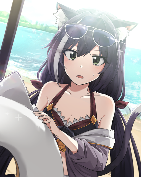 Anime picture 1200x1508 with princess connect! re:dive princess connect! karyl (princess connect!) lix single long hair tall image looking at viewer blush fringe open mouth black hair hair between eyes twintails bare shoulders holding green eyes animal ears upper body outdoors
