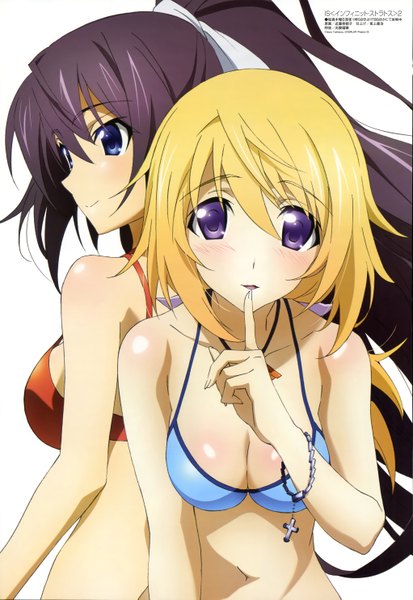 Anime picture 4085x5929 with infinite stratos megami magazine 8bit charles dunois shinonono houki long hair tall image blush highres breasts blue eyes light erotic simple background blonde hair smile white background purple eyes multiple girls absurdres purple hair