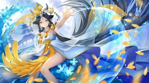 Anime picture 1600x900 with fantasy westward journey catcan single looking at viewer light erotic black hair wide image bare shoulders yellow eyes very long hair pointy ears blurry outstretched arm architecture east asian architecture girl dress flower (flowers) earrings armor