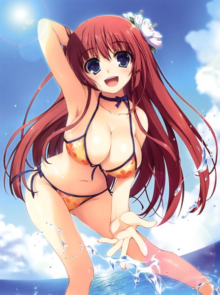 Anime picture 3354x4495 with original tomose shunsaku single long hair tall image blush highres breasts open mouth blue eyes light erotic large breasts absurdres cleavage red hair hair flower scan happy girl hair ornament