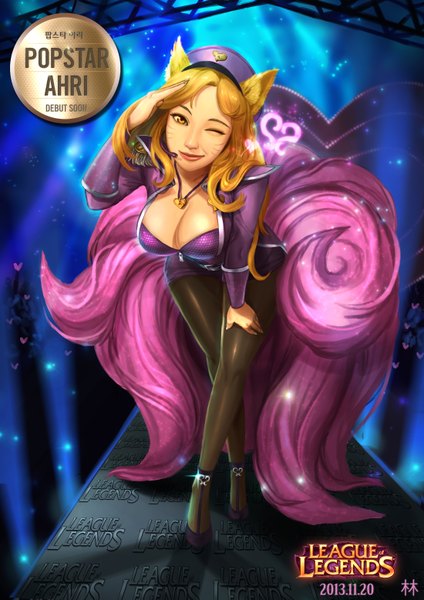 Anime picture 2200x3112 with league of legends ahri (league of legends) popstar ahri (league of legends) supullim single long hair tall image highres breasts blonde hair animal ears yellow eyes tail one eye closed light smile wink leaning leaning forward facial mark fox girl