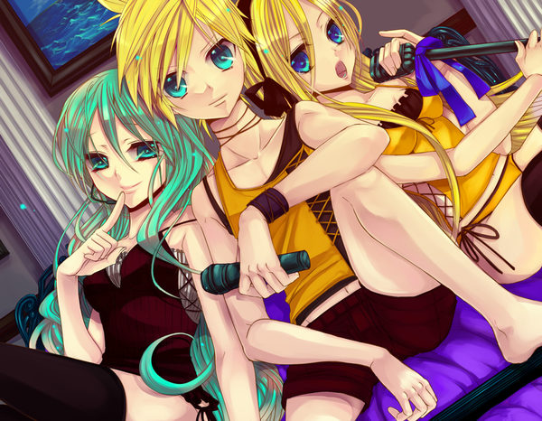 Anime picture 1000x778 with vocaloid hatsune miku kagamine len lily (vocaloid) hinata momo long hair short hair open mouth blue eyes blonde hair smile multiple girls aqua eyes aqua hair legs girl thighhighs dress boy black thighhighs