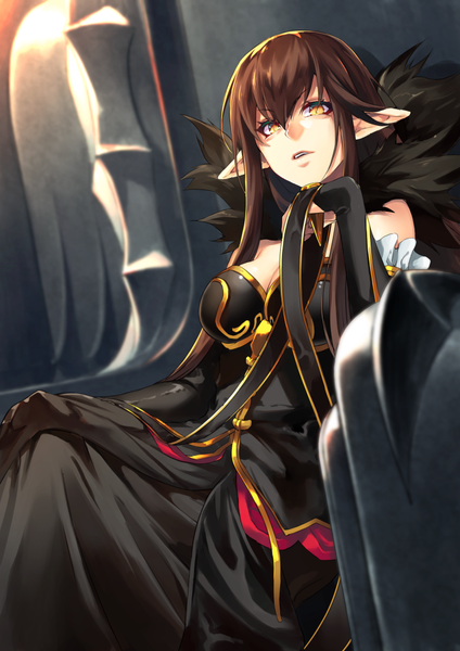 Anime picture 706x1000 with fate (series) fate/apocrypha semiramis (fate) shimozuki shio single long hair tall image looking at viewer fringe breasts open mouth hair between eyes brown hair sitting yellow eyes payot cleavage parted lips pointy ears blurry