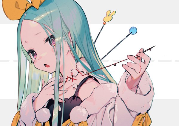 Anime picture 1416x1003 with original bukurote single long hair looking at viewer blush open mouth upper body pink eyes aqua hair girl bow hair bow blood teardrop pom pom (clothes) stitches needle