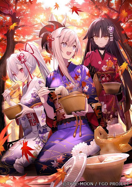 Anime picture 619x875 with fate (series) fate/grand order lawson miyamoto musashi (fate) tomoe gozen (fate) katou danzou (fate) mashima saki (mashimasa) long hair tall image fringe open mouth black hair blonde hair hair between eyes red eyes standing sitting multiple girls holding yellow eyes