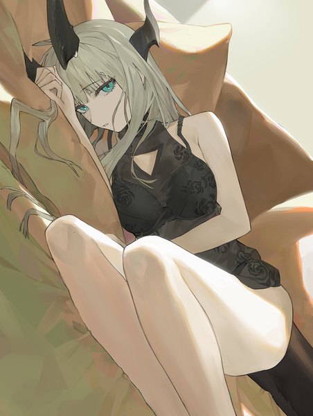 Anime picture 960x1275 with arknights reed (arknights) koio single long hair tall image fringe light erotic lying blunt bangs horn (horns) aqua eyes grey hair bare legs on side girl lingerie bra transparent clothing black bra
