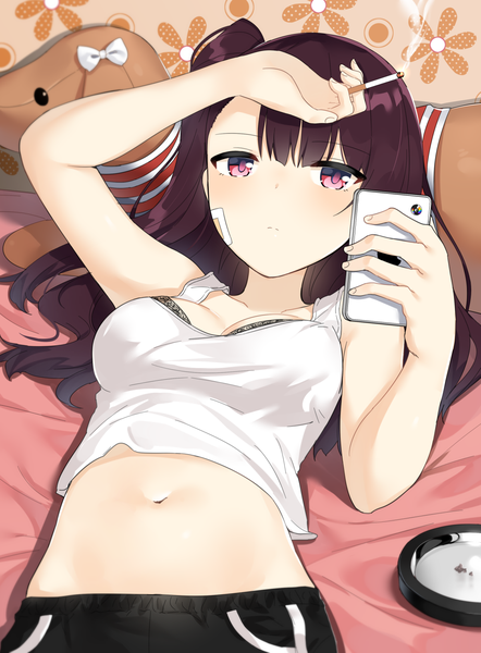 Anime picture 1085x1471 with girls frontline wa2000 (girls frontline) copiz single long hair tall image looking at viewer blush fringe light erotic brown hair purple eyes holding lying arm up bare belly on back one side up smoke hand on head