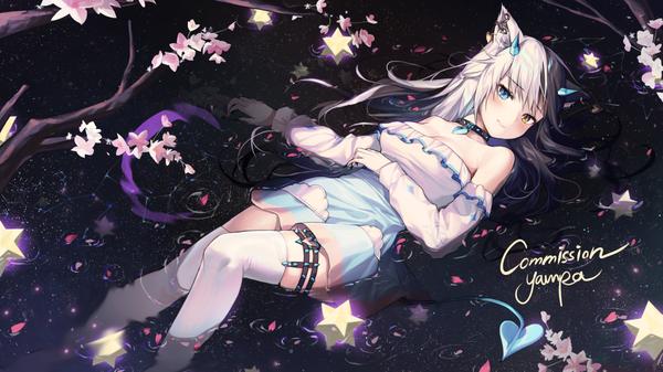 Anime picture 1422x800 with original yampa single long hair looking at viewer blush fringe breasts black hair wide image large breasts bare shoulders signed animal ears cleavage silver hair bent knee (knees) tail lying head tilt