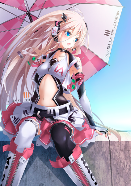 Anime picture 848x1200 with vocaloid ia (vocaloid) ajigo single tall image fringe open mouth blue eyes blonde hair hair between eyes sitting bare shoulders looking away sky ahoge braid (braids) very long hair arm support zettai ryouiki character names
