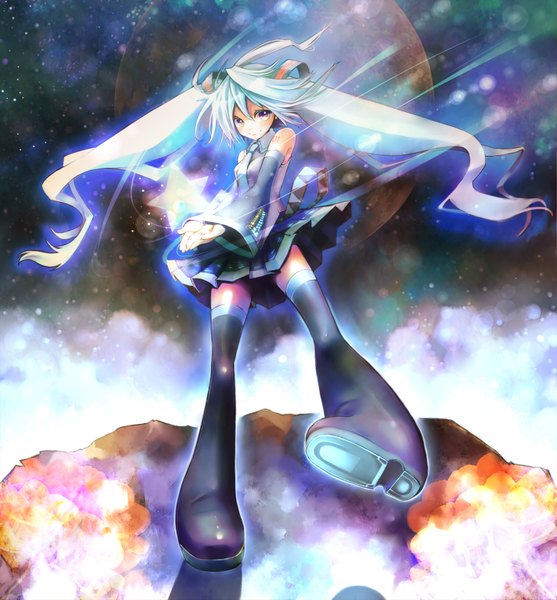 Anime picture 1500x1615 with vocaloid hatsune miku plastick single tall image highres smile twintails purple eyes very long hair aqua hair space girl thighhighs skirt detached sleeves star (symbol) moon star (stars) planet