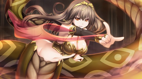 Anime picture 1280x720 with tenbin no la dea eushully single long hair looking at viewer breasts light erotic black hair wide image brown eyes game cg cleavage midriff girl navel hair ornament detached sleeves