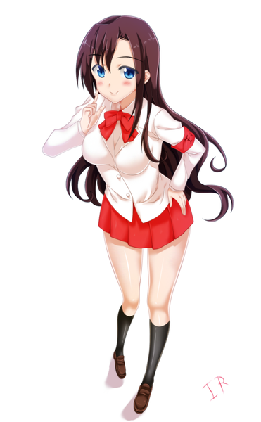 Anime picture 1200x1939 with ironizer single long hair tall image blush blue eyes simple background smile brown hair white background pleated skirt coloring girl skirt uniform school uniform socks bowtie black socks