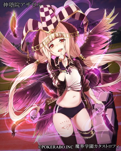Anime picture 1200x1500 with makai gakuen catastrophe hinamizawa (hina-sawa) long hair tall image blush open mouth blonde hair red eyes horn (horns) tattoo girl thighhighs navel hair ornament black thighhighs wings feather (feathers) buruma