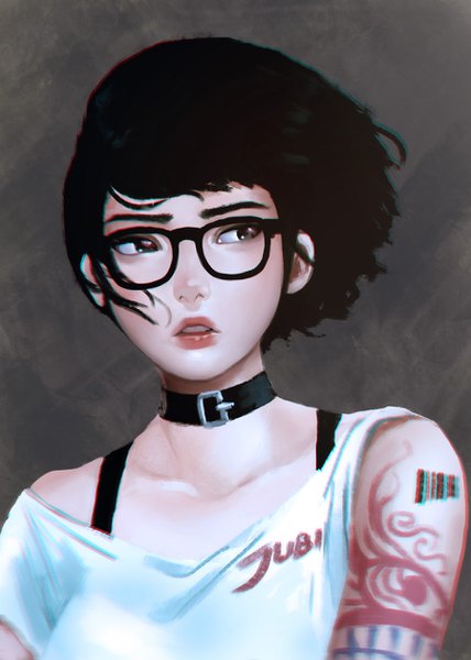 Anime picture 900x1260 with original jubi (regiana) single tall image fringe short hair black hair bare shoulders signed looking away upper body parted lips wind black eyes tattoo lipstick red lipstick girl glasses collar