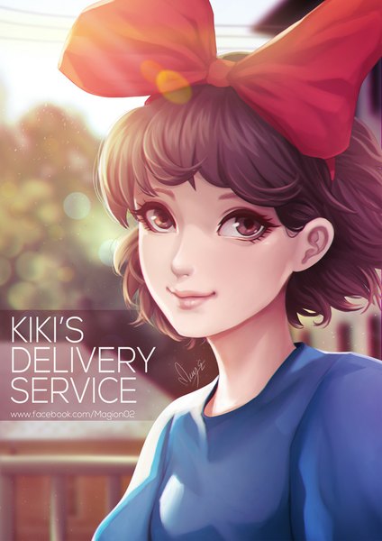 Anime picture 700x990 with kiki's delivery service studio ghibli kiki magion02 single tall image looking at viewer fringe short hair brown hair brown eyes light smile lips realistic inscription girl bow hair bow large bow