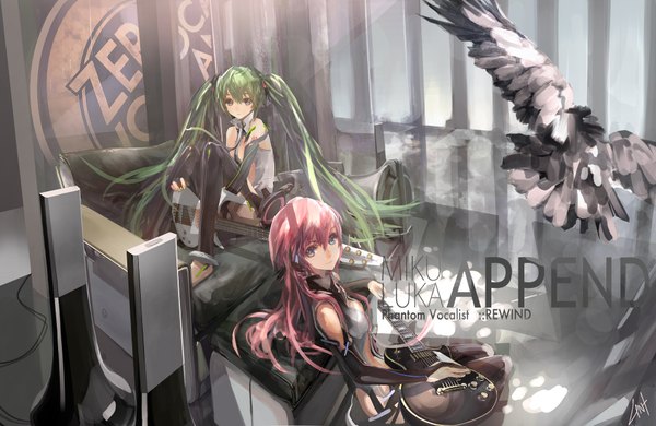 Anime picture 1920x1250 with vocaloid vocaloid append hatsune miku megurine luka hatsune miku (append) lin+ long hair highres twintails multiple girls brown eyes pink hair very long hair green hair flying girl gloves 2 girls animal bird (birds)