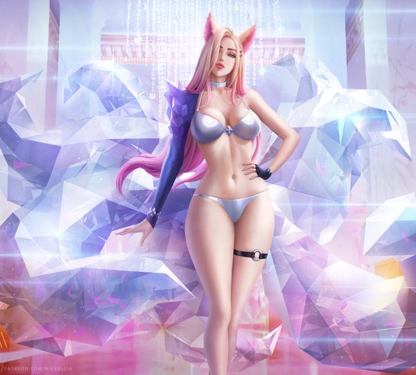 Anime picture 7200x6500 with league of legends k/da (league of legends) ahri (league of legends) the baddest ahri wickellia single long hair looking at viewer fringe highres breasts blue eyes light erotic blonde hair large breasts standing animal ears absurdres cleavage tail