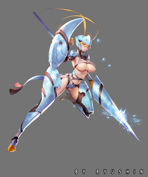 Anime picture 1000x1200 with pokemon nintendo clauncher ryushin single long hair tall image looking at viewer breasts light erotic simple background blonde hair large breasts yellow eyes grey background girl weapon helmet spear