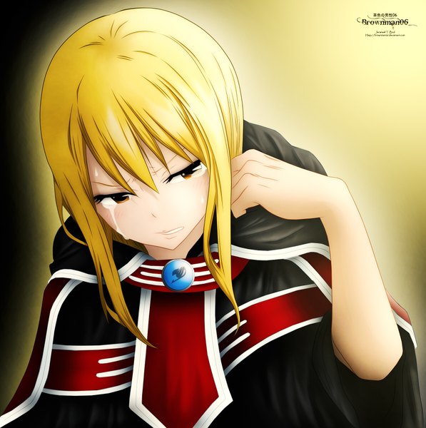 Anime picture 1989x2000 with fairy tail lucy heartfilia brownman06 single long hair tall image highres blonde hair brown eyes tears coloring portrait girl cloak
