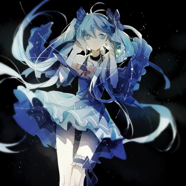 Anime picture 1200x1200 with vocaloid hatsune miku cui (jidanhaidaitang) single fringe hair between eyes green eyes blue hair looking away cleavage ahoge very long hair light smile wind wide sleeves thigh gap black background weightlessness girl dress