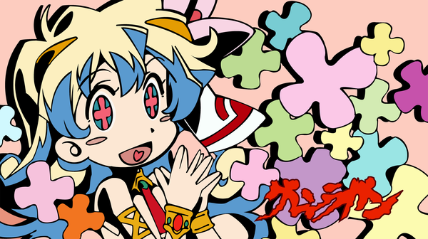 Anime picture 2000x1123 with tengen toppa gurren lagann gainax nia teppelin long hair blush highres open mouth smile wide image bare shoulders multicolored hair inscription hieroglyph symbol-shaped pupils chibi + + girl hair ornament bow hair bow
