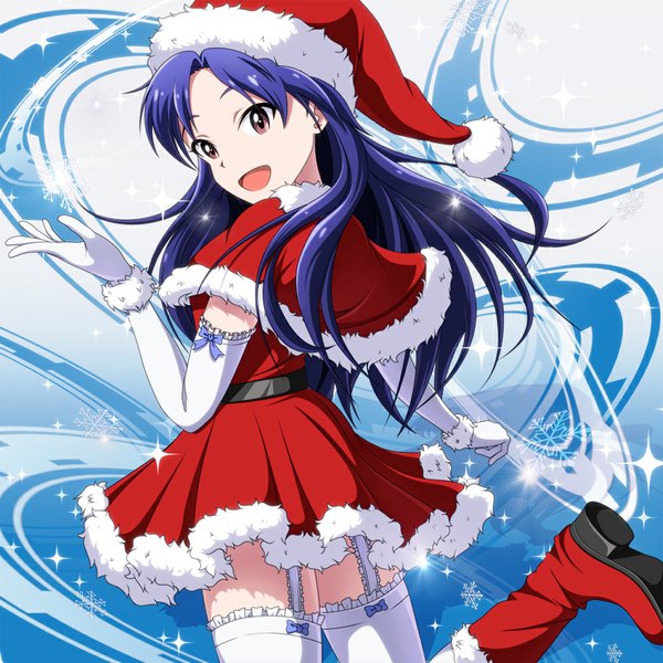 Anime picture 1000x1000 with idolmaster kisaragi chihaya kouchou single long hair blush open mouth smile brown eyes blue hair bent knee (knees) looking back sparkle fur trim christmas girl thighhighs gloves bow hat