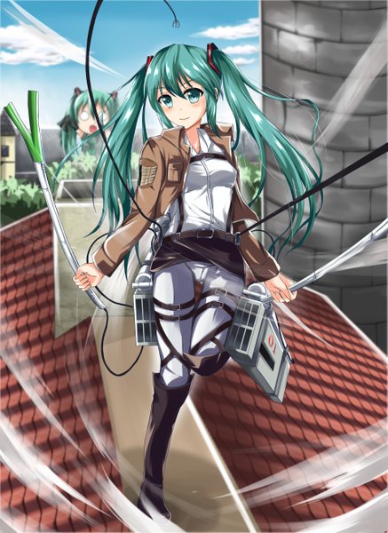 Anime picture 1909x2618 with shingeki no kyojin vocaloid production i.g hatsune miku mikasa ackerman konka single long hair tall image looking at viewer blush highres smile twintails green eyes sky cloud (clouds) full body green hair open clothes