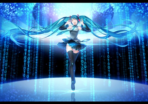 イラスト 1412x1000 と ボーカロイド 初音ミク アークレイ ソロ 赤面 開いた口 ツインテール eyes closed very long hair aqua hair 刺青 絶対領域 singing 女の子 ストッキング スカート 袖だけ ミニスカート ネクタイ ヘッドフォン