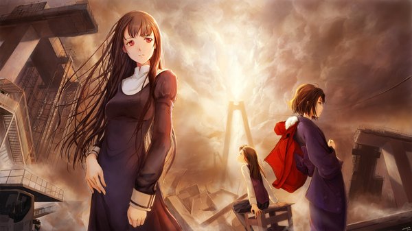 Anime picture 2000x1125 with kara no kyoukai type-moon ryougi shiki kokutou azaka asagami fujino shiika sadamasa long hair highres short hair red eyes brown hair wide image multiple girls sky cloud (clouds) japanese clothes tears ruins girl dress