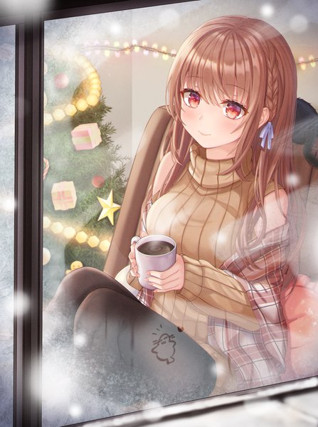 Anime picture 2195x2947 with original funii single long hair tall image looking at viewer blush fringe highres breasts smile hair between eyes red eyes brown hair sitting holding bent knee (knees) indoors braid (braids) lens flare