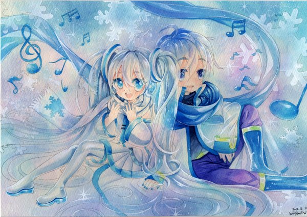 Anime picture 1500x1067 with vocaloid hatsune miku kaito (vocaloid) yuki miku yuki miku (2011) mosho short hair open mouth blue eyes sitting twintails signed blue hair very long hair nail polish traditional media watercolor (medium) treble clef girl boy