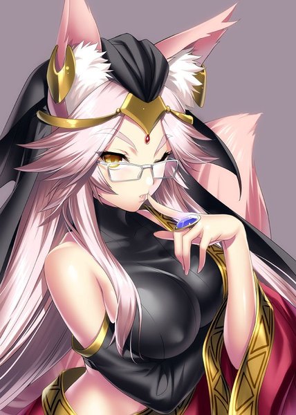 Anime picture 600x840 with fate (series) fate/grand order tamamo (fate) (all) koyanskaya zen (kamuro) single long hair tall image blush fringe breasts light erotic simple background large breasts animal ears yellow eyes pink hair upper body tail traditional clothes