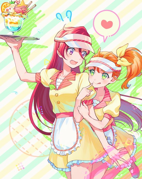 Anime picture 1236x1560 with precure tropical-rouge! precure toei animation natsuumi manatsu takizawa asuka yuzu sato long hair tall image blush fringe open mouth smile hair between eyes standing purple eyes multiple girls holding green eyes red hair arm up