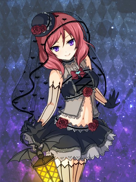 Anime picture 750x1000 with love live! school idol project sunrise (studio) love live! nishikino maki nuana single tall image looking at viewer short hair smile hair between eyes purple eyes pink hair girl dress gloves navel hat black gloves
