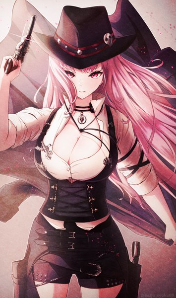 Anime picture 2421x4093 with virtual youtuber hololive hololive english mori calliope mori calliope (sheriff) kaiju ryoku single long hair tall image looking at viewer fringe highres breasts light erotic large breasts pink hair cleavage blunt bangs pink eyes alternate costume