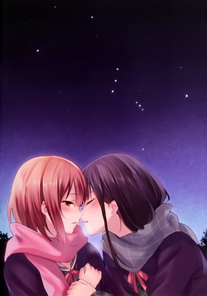 Anime picture 1713x2448 with original fukahire (ruinon) long hair tall image blush fringe highres short hair black hair multiple girls brown eyes pink hair eyes closed parted lips night embarrassed night sky holding hands shoujo ai face to face