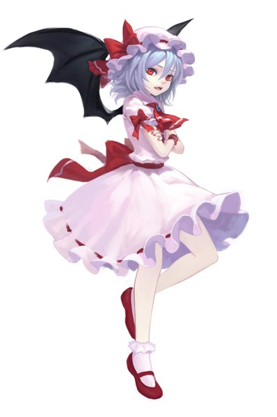 Anime picture 2064x3112 with touhou remilia scarlet fkey single tall image looking at viewer fringe highres short hair open mouth simple background hair between eyes red eyes standing white background silver hair full body nail polish teeth short sleeves