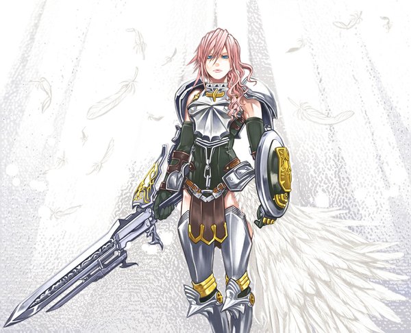 Anime picture 1100x892 with final fantasy xiii lightning farron single long hair looking at viewer pink hair aqua eyes girl gloves weapon sword elbow gloves armor feather (feathers) shield