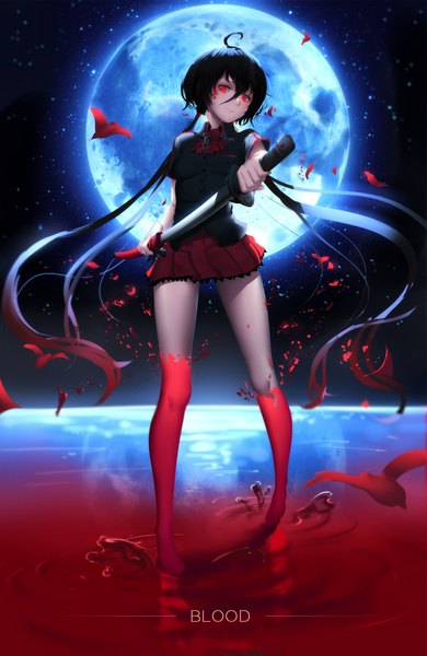 Anime picture 1419x2180 with blood+ production i.g kisaragi saya hk (hak) single tall image looking at viewer black hair red eyes twintails very long hair girl skirt weapon miniskirt sword katana moon blood