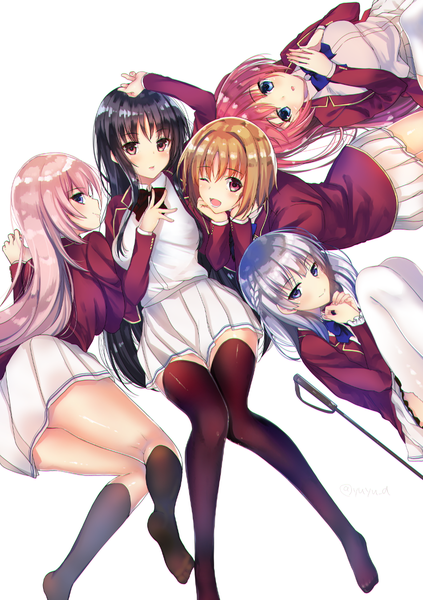 Anime picture 950x1348 with youkoso jitsuryoku shijou shugi no kyoushitsu e horikita suzune sakura airi ichinose honami (youjitsu) kushida kikyou sakayanagi arisu yu yu long hair tall image fringe short hair open mouth blue eyes light erotic black hair simple background smile red eyes brown hair white background