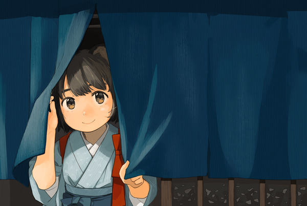 Anime picture 1489x1000 with original akai sashimi single looking at viewer blush short hair black hair smile brown eyes animal ears upper body traditional clothes japanese clothes girl hakama