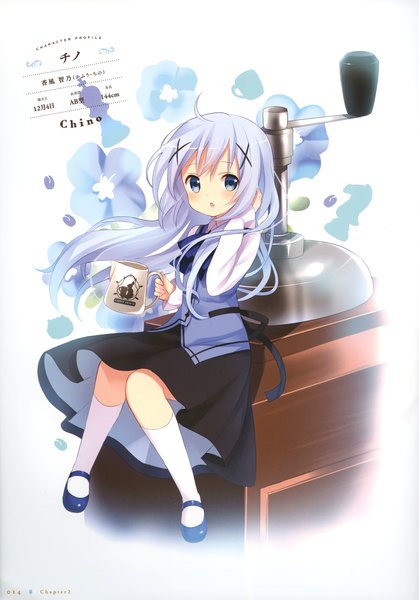 Anime picture 2422x3465 with gochuumon wa usagi desu ka? white fox kafuu chino koi (koisan) single long hair tall image looking at viewer highres open mouth blue eyes sitting blue hair absurdres scan girl dress flower (flowers) socks white socks