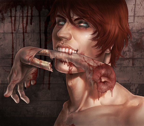 Anime picture 1000x875 with original kazuo-sama (artist) single short hair brown hair aqua eyes lips teeth fang (fangs) mouth hold close-up face eyeshadow bone (bones) guro boy blood hand