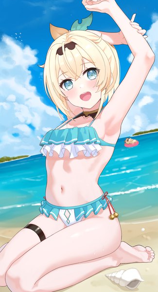Anime picture 900x1660 with virtual youtuber hololive kazama iroha pokobee fumyu single tall image looking at viewer short hair open mouth blue eyes light erotic blonde hair sky cloud (clouds) ponytail :d arms up bare legs armpit (armpits)
