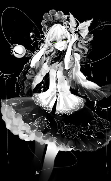 Anime-Bild 2200x3600 mit touhou komeiji koishi sheya single long hair tall image looking at viewer highres green eyes signed parted lips wide sleeves floral print black background monochrome frilly skirt spot color hands on head girl skirt