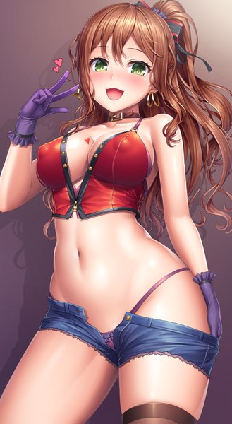 Anime picture 1727x3147 with bang dream! imai lisa lambda (kusowarota) single long hair tall image looking at viewer blush fringe highres breasts open mouth light erotic simple background smile hair between eyes brown hair large breasts standing green eyes