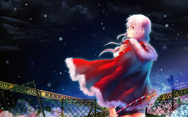 Anime picture 1920x1200 with guilty crown production i.g yuzuriha inori stells single long hair highres red eyes wide image pink hair cloud (clouds) profile looking back wind night night sky snowing christmas winter merry christmas